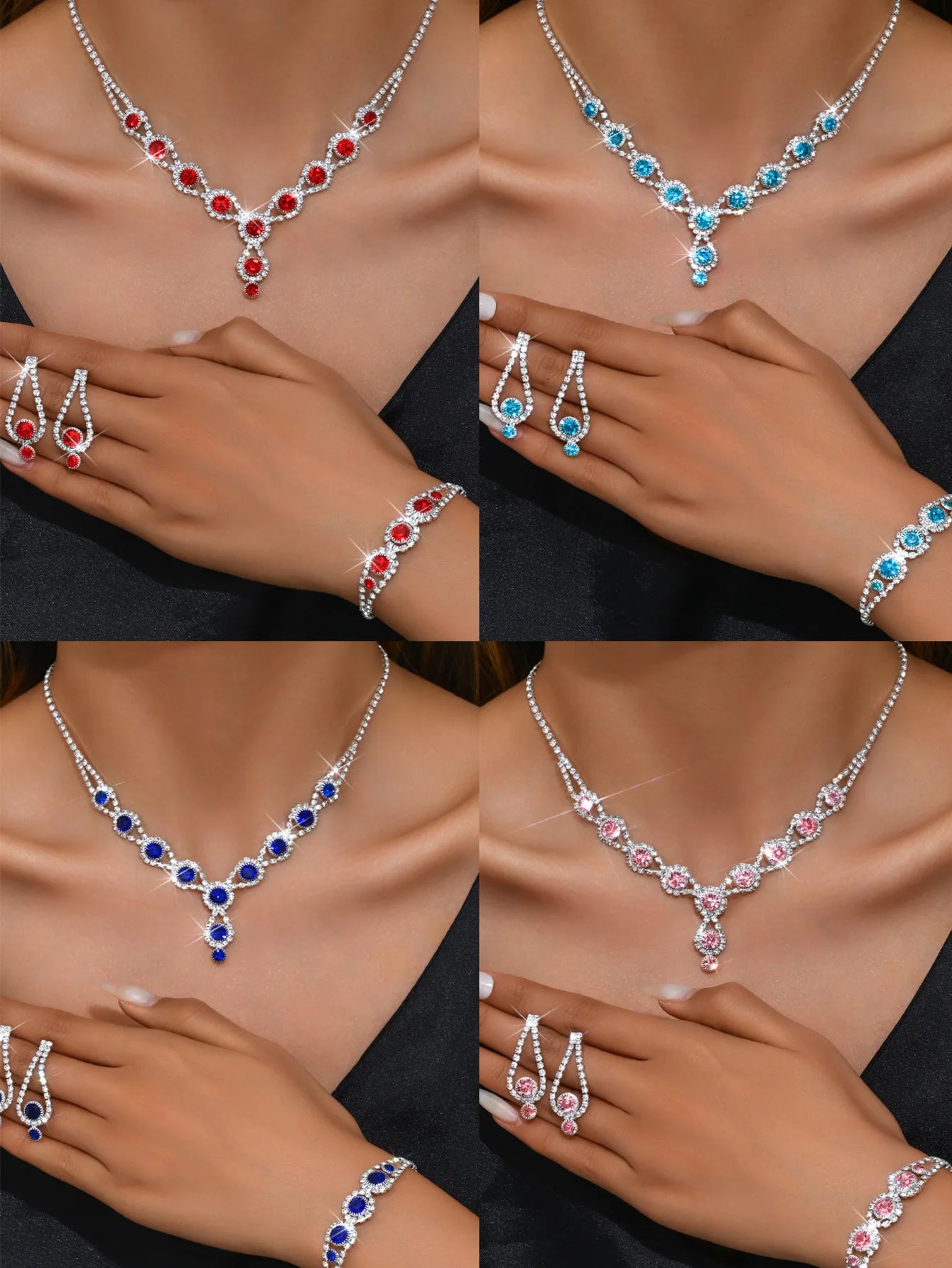 4PCS Fashion Elegant Crystal Jewelry Sets for Women Rhinestones Necklace Ring Earrings Bridal Wedding Party Jewelry Sets Viralgem Store
