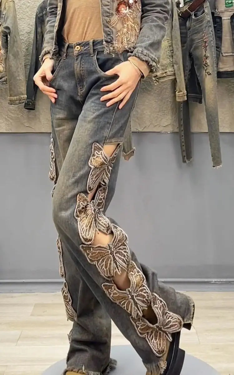 Summer Y2K Streetwear Harajuku Butterfly Decoration Denim Pants Women's High Waist Embroidery Loose Straight Hole Ripped Jeans