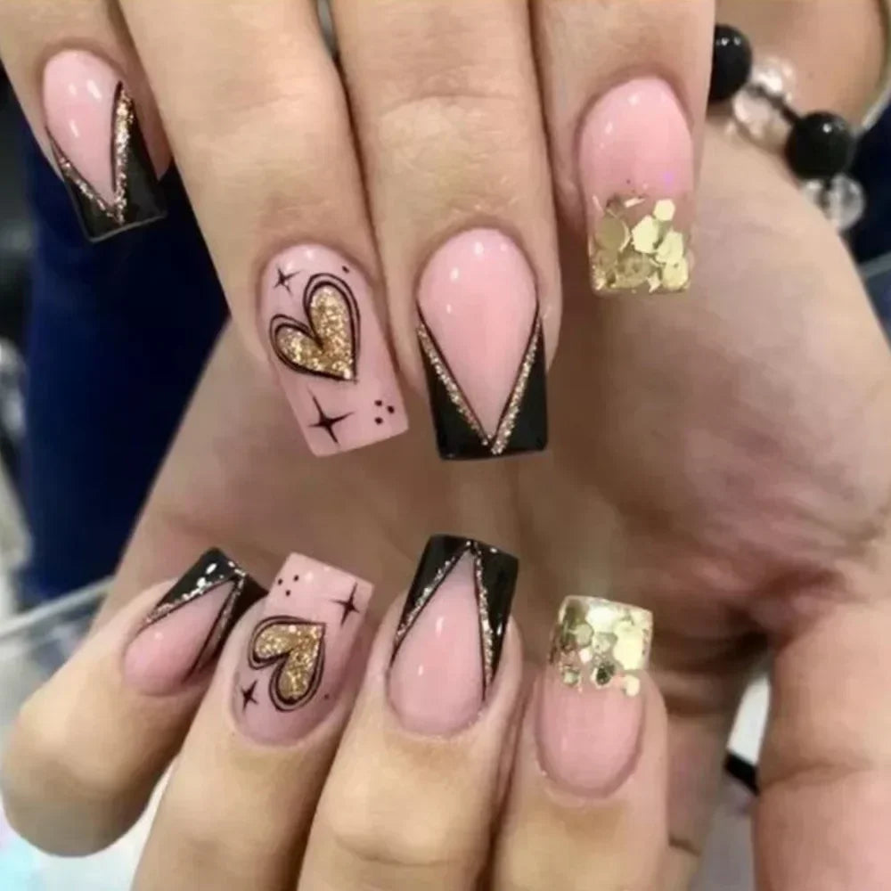 24Pcs Ladder-shaped Ballet False Nails with Glue Stripe Floral Nail Art Ombre French Press on Acrylic Nail Tips for Spice Girls