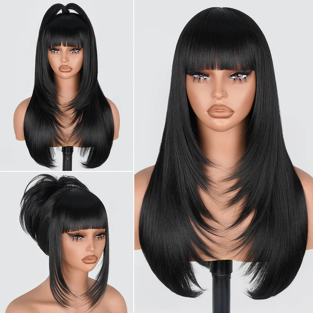 Straight Layered Cut Wigs with Bangs HD Lace Fake Scalp Synthetic Natural Layered Lace Wig For Women Glueless Heat Resistant Wig Viralgem Store