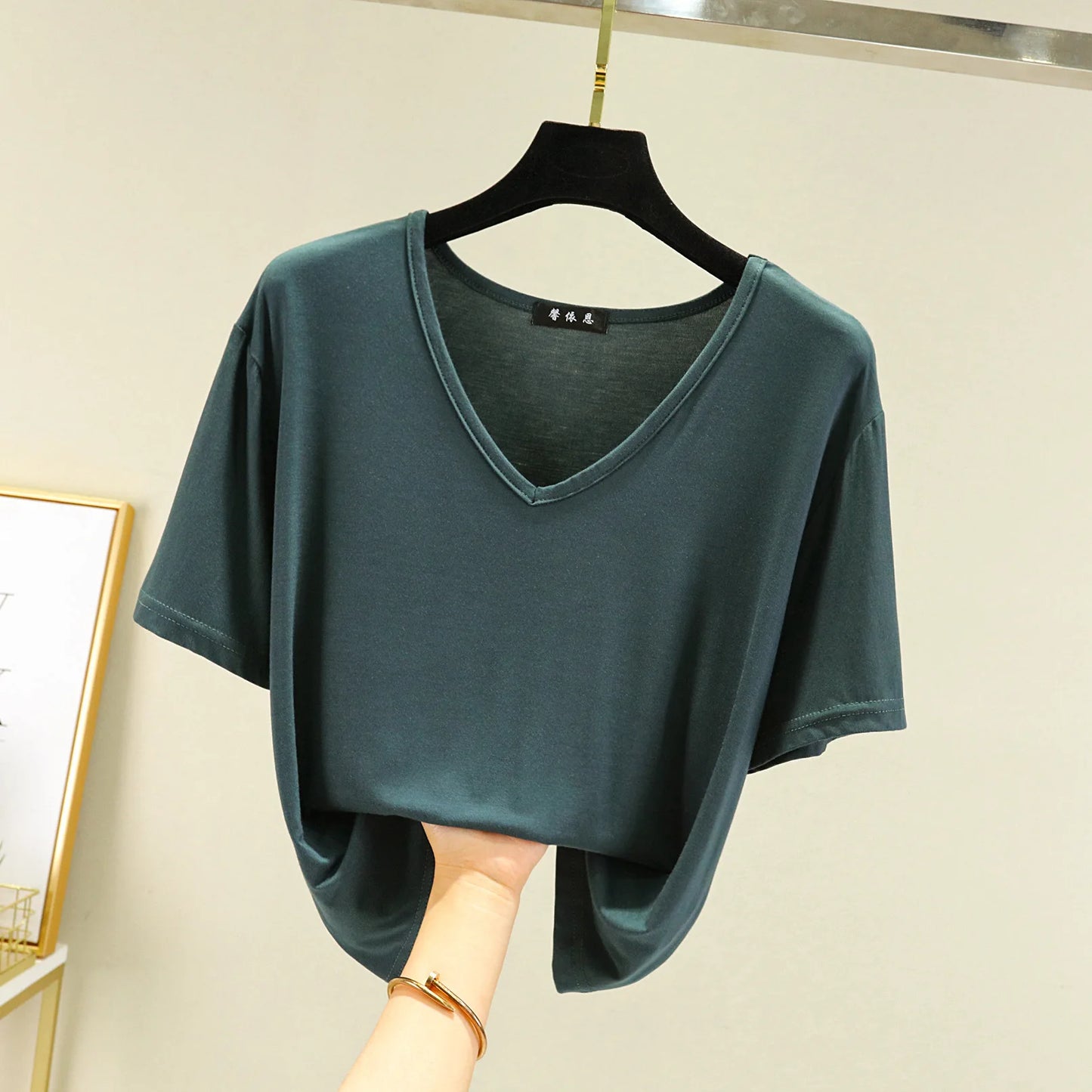 Women's T-shirt Modal V-Neck Short sleeves Tops Summer Casual T Shirts  Solid color Loose basic Bottoming Tees