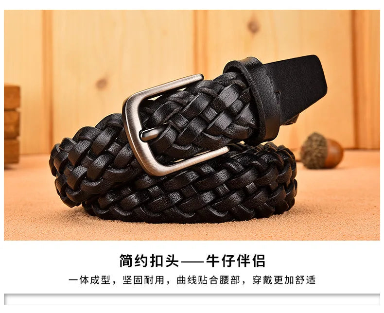 2023 Women Casual Luxury New Style Width 2.5cm  Woven Belt Needle Buckle Real Leather Head Layer Cowhide Handmade Decorative