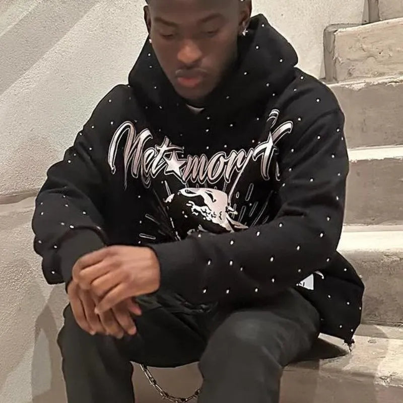 Y2K Rhinestone Hoodies Women Gothic Black Pullover Oversized Sweatshirts Female Retro Harajuku Hooded Jacket Streetwear Men Top