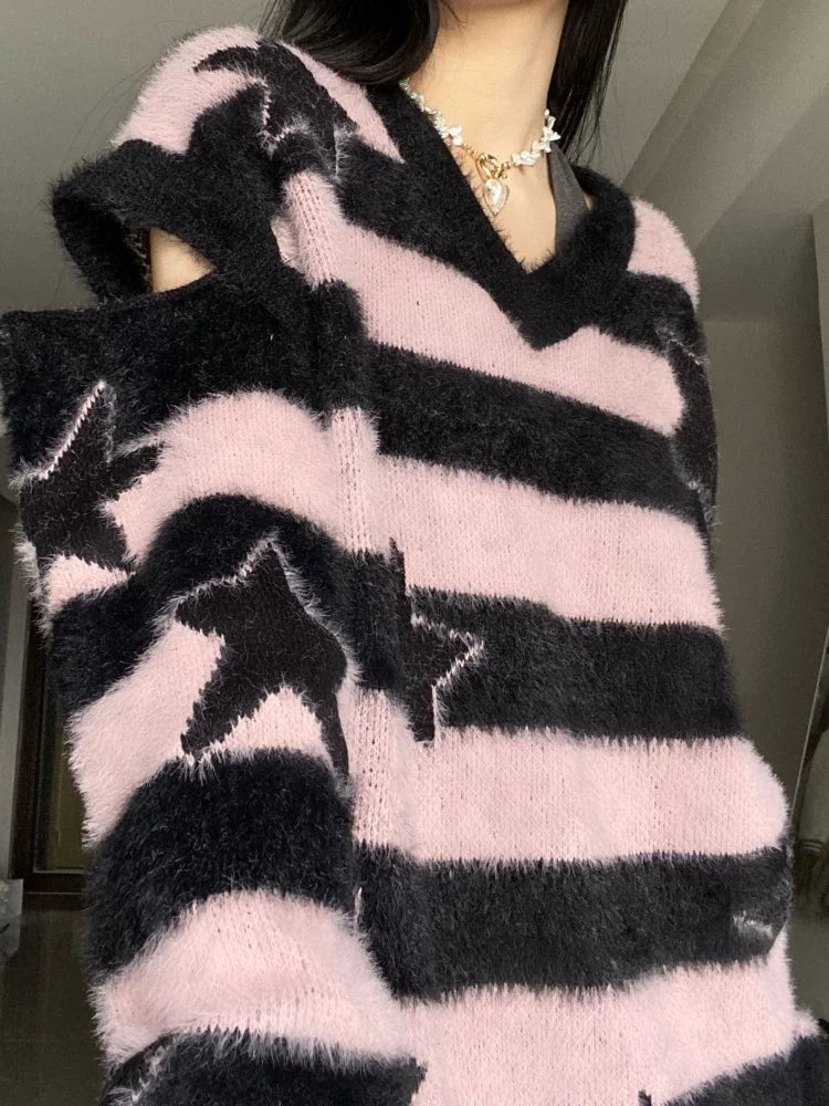 ADAgirl Harajuku Striped Sweater Oversize Y2k Style Pink Detachable Sleeves Star Print Jumpers Gothic Winter Korean Alt Clothes