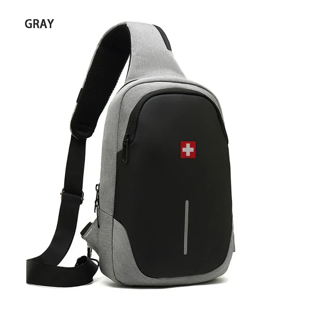 SWISS New Men's Casual Chest Bag Sports Waterproof Shoulder Bag Anti-theft Crossbody Bag Fashion Solid Color Usb Bag Sling Pack Viralgem Store