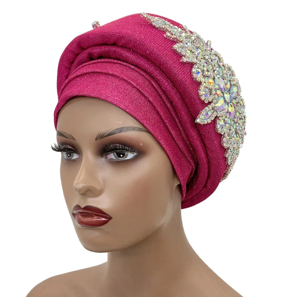 African Wrap Head Headgear Nigeria Auto Gele Headtie Turbante Mujer Luxury Rhinestone Turban Hat for Women Glitter