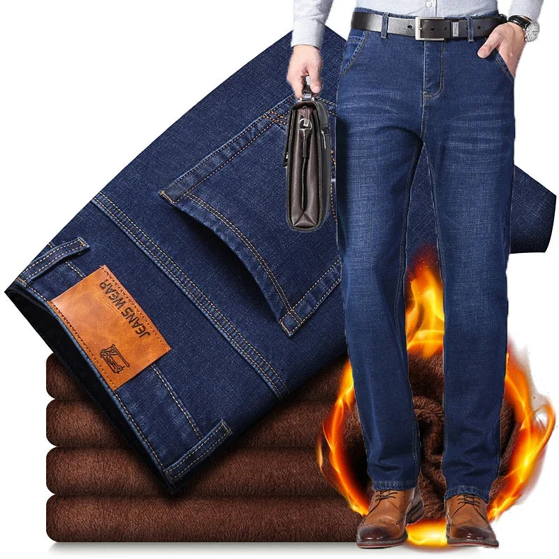 2025 Winter Warm Denim Casual  Fleece  Jeans Men Elasticity  Slim Fit Stretch Thick Velvet Pants Black Grey Blue Jeans