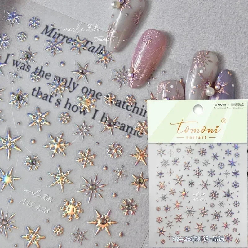 5D Laser Star Moon Snowflake Shiny Rhinestone Embossed Relief Self Adhesive Nail Art Decoration Sticker Manicure Decals