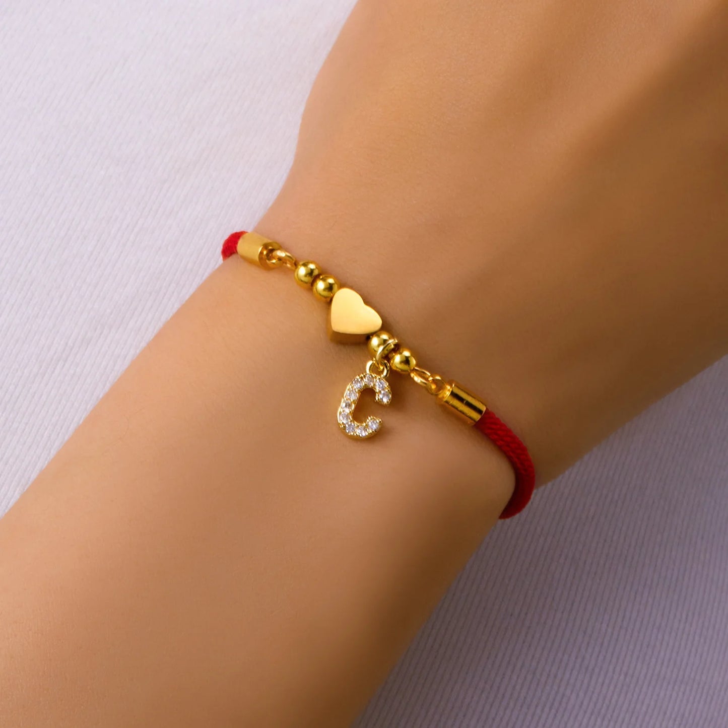 Stainless Steel A-Z Initial Letter Bracelet For Women Men Gold Color Love Heart Pendant Red Luck Rope Charm Bangle Charm Jewelry