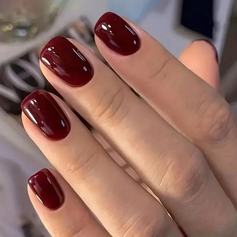 24Pcs Solid Color Wine Red Design Press on Nail Short Square False Nails Simple Detachable Finished Full Cover Nail Tips