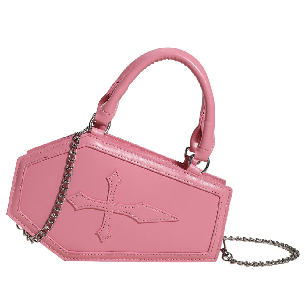 Women Crossbody Bag Large Capacity Coffin Shape Phone Shoulder Bag Halloween PU Top Handle Bag for Travel Make Up Cosmetic Bag
