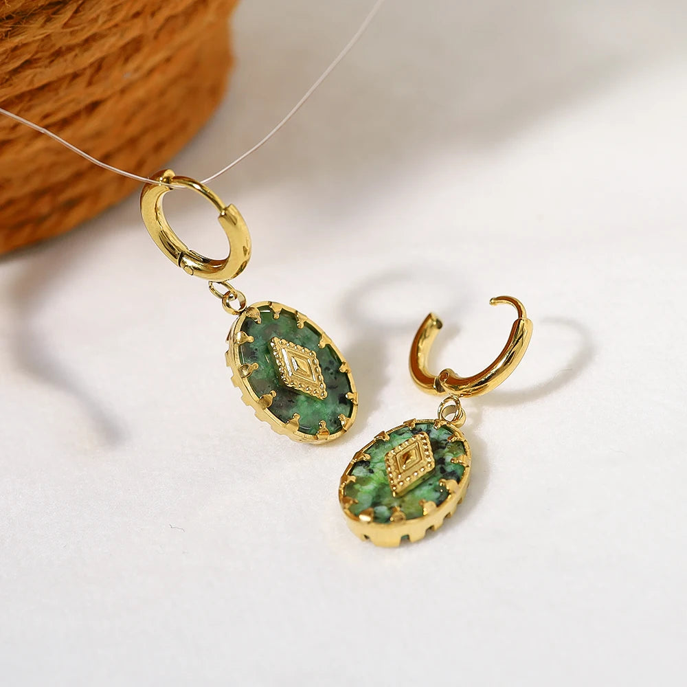 WILD & FREE 18K Gold Plated Natural Stone Stainless Steel Drop Earrings for Women Green African Turquoise Charm Vintage Jewelry
