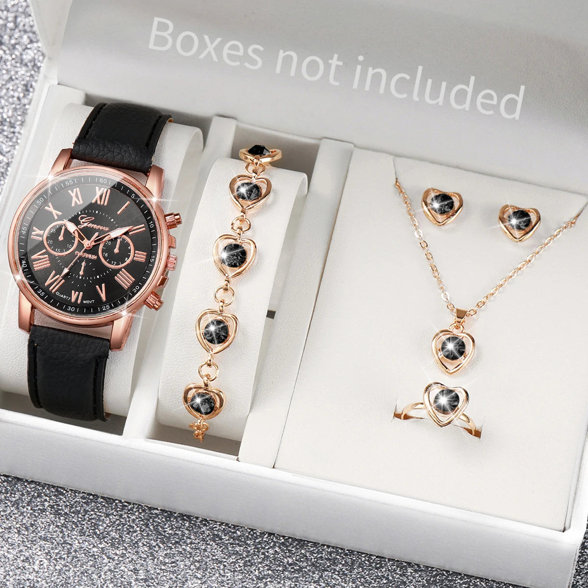 5/6PCS Fashion Women's Quartz Watch Leather Band Analog Wrist Watches Heart Rhinestone Jewelry Set(Without Box) Viralgem Store
