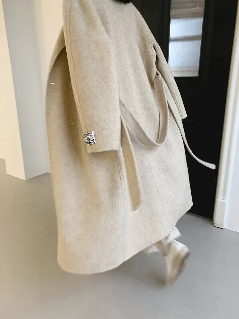 2024 Autumn Winter Wool Coat Women Double-breasted Solid Color Women's Double-sided Woolen Belt Coats Loose Warm Wool Jacket