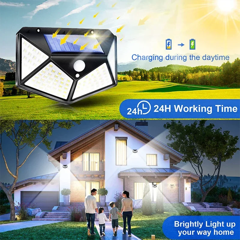 1/2/4/6Pcs 100 LED Wall Lights Outdoor Solar Lamp PIR Motion Sensor Solar Powered Sunlight Street Light for Garden Decoration Viralgem Store