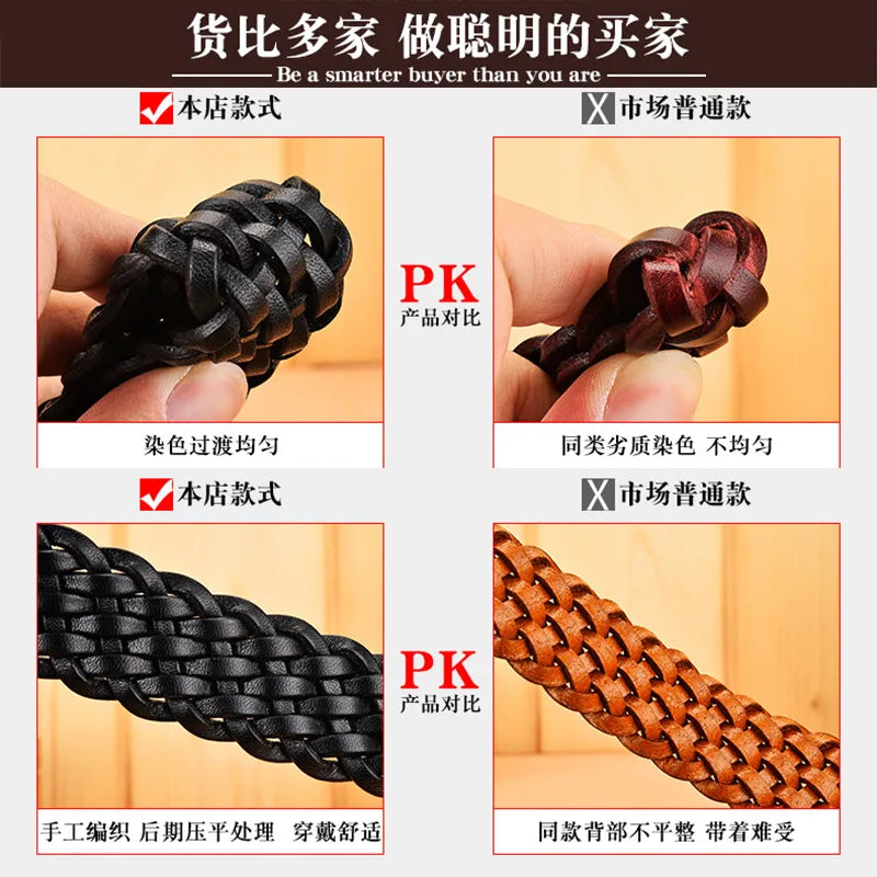 2023 Women Casual Luxury New Style Width 2.5cm  Woven Belt Needle Buckle Real Leather Head Layer Cowhide Handmade Decorative