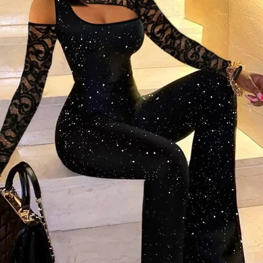Women New Fashion Bodycon Jumpsuit Women Autumn Casual Sexy Slim Long Sleeve Glitter Lace Patch Flared Leg Jumpsuit Viralgem Store