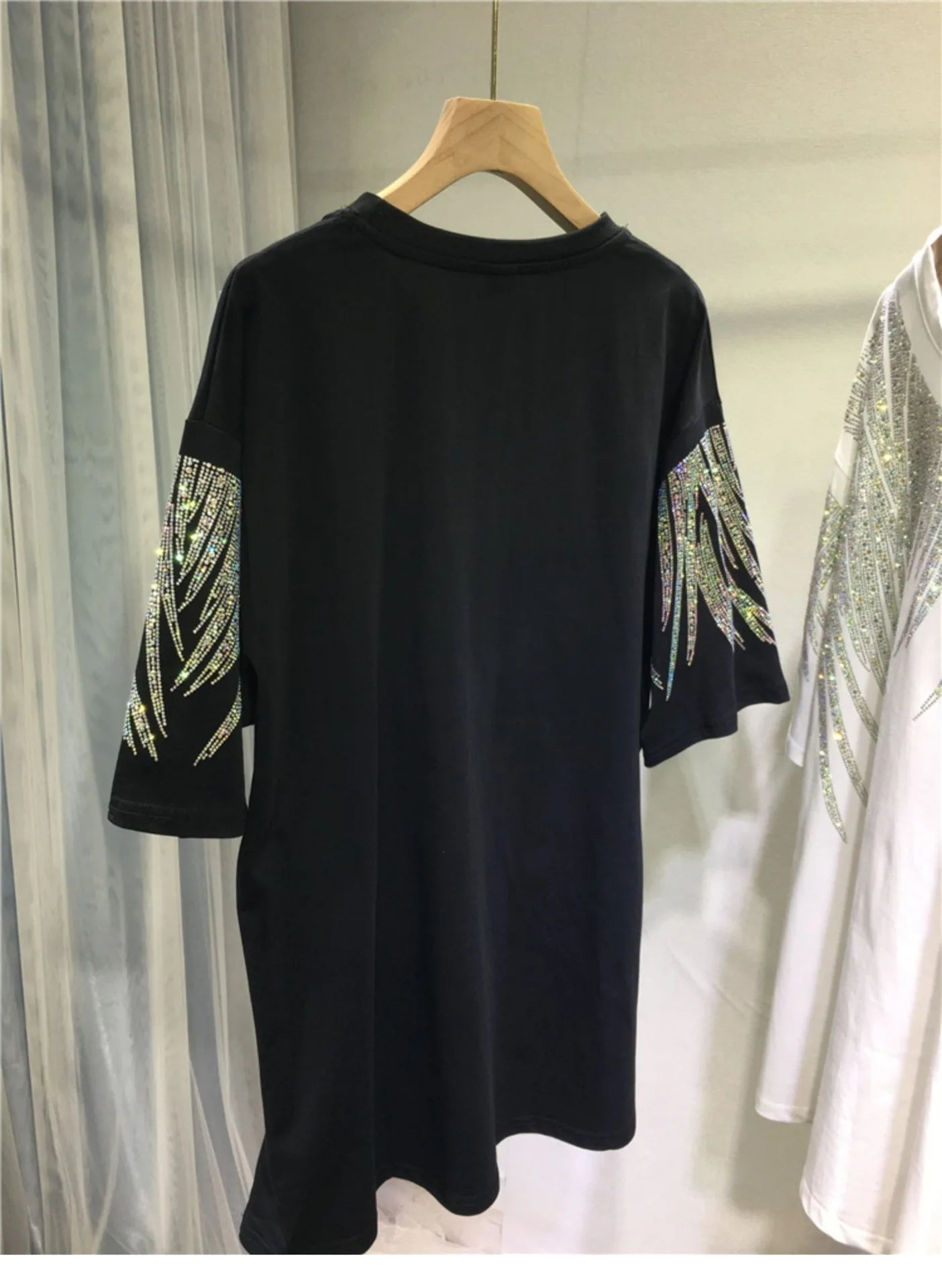 Women Tops Sequin Print Tees Round Neck Half Sleeve Loose Casual Regular Splice T Shirts Simple Hot Drilling Mid Length Top