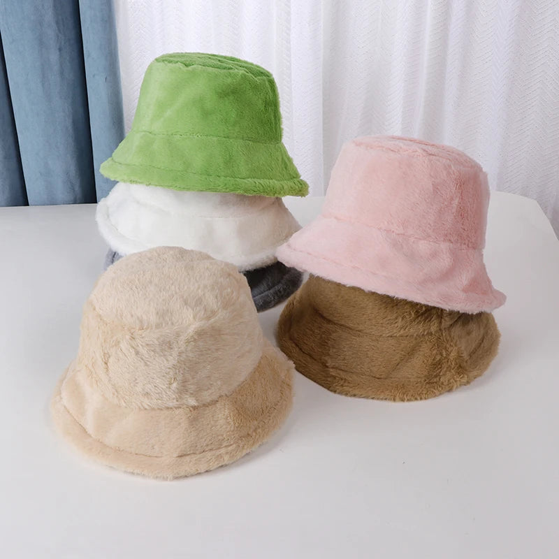 Thicken Autumn Winter Warm Plush Panama Casual Hats for Women Soft Faux Rabbit Fur Bucket Hat Solid Ladies Fisherman Caps Bonnet