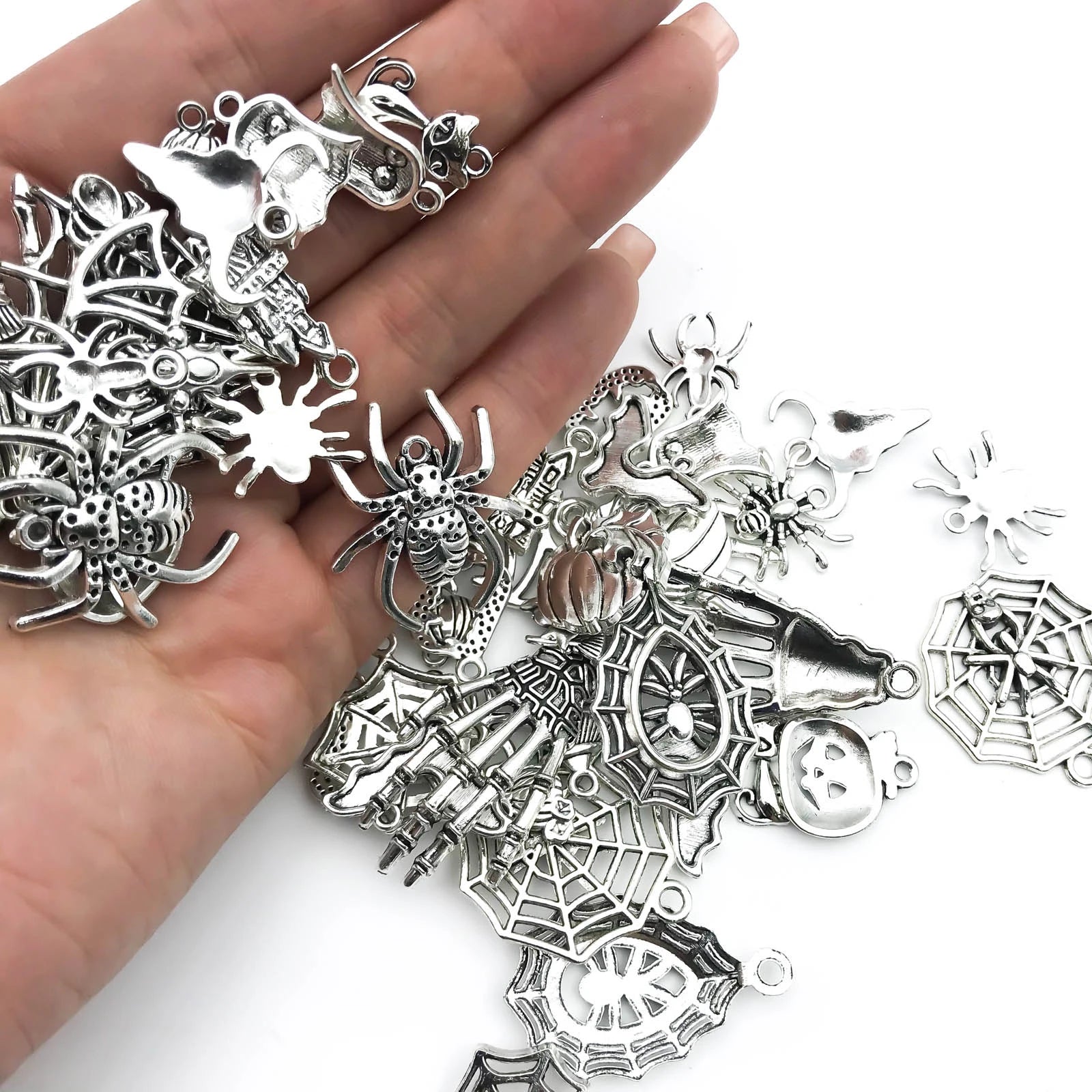 50pcs/SET Zinc Alloy Silvery Halloween Series Charms Pendants for DIY Necklace Bracelet Earrings Jewelry Making Handmade Viralgem Store