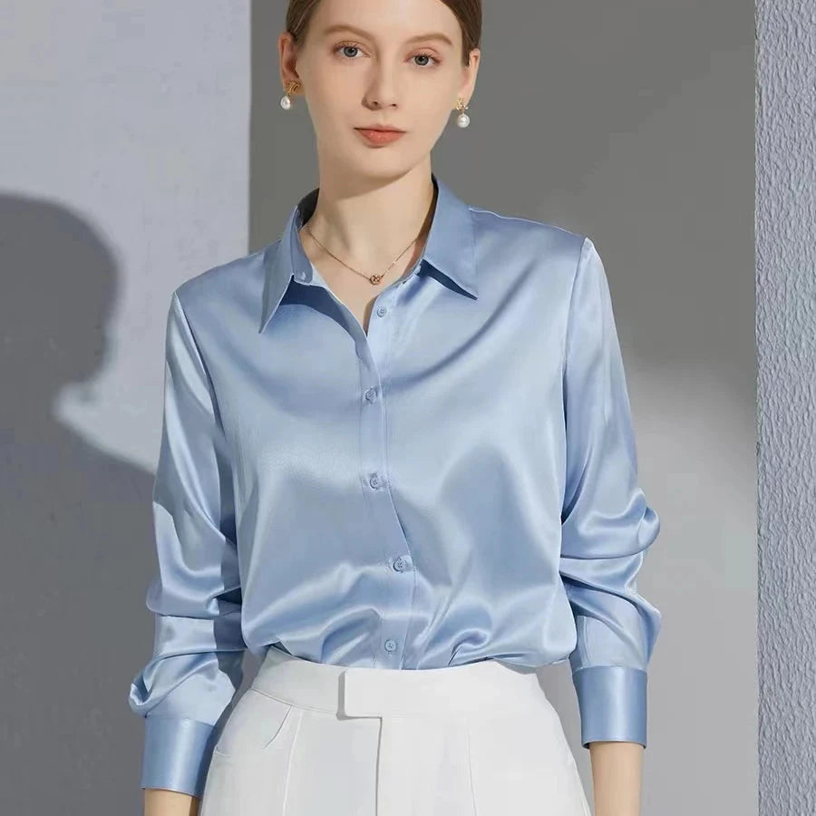All-match Satin Finish Shirts And Blouses Women Clothing Casual Top OL Long Sleeve Button Elegant Shirts French Solid Blouses Viralgem Store