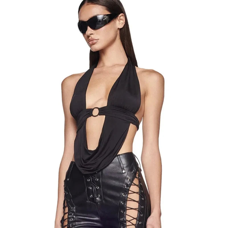 Y2k Bandage Crop Top Black Backless Top V-neck Cute Party Beach Summer Sweats Women Retro Basic Mini Vest Punk Crop Top 2024 Top