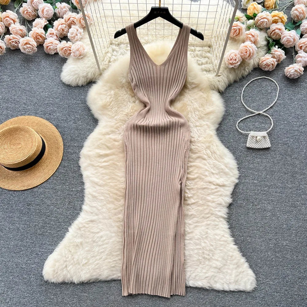 Women V Neck Solid Ribben Knitted Dresses Casual All Match Slimple Sexy Package Hips Bodycon Dress Elegant Vestidos Streetwear Viralgem Store