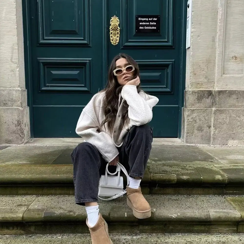 2023 Women Fashion With Pockets Oversized Bomber Jacket Coat Vintage Long Sleeve Snap Button Female