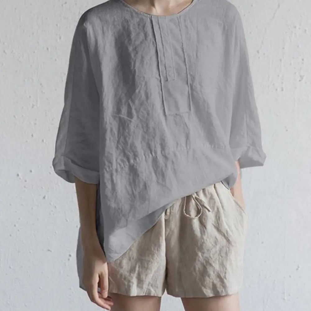 Womens Oversized Pullover O-neck Mid-Length Back Split Hem Summer Shirt Solid Color Half Sleeve Pullover Blouse Female Clothing