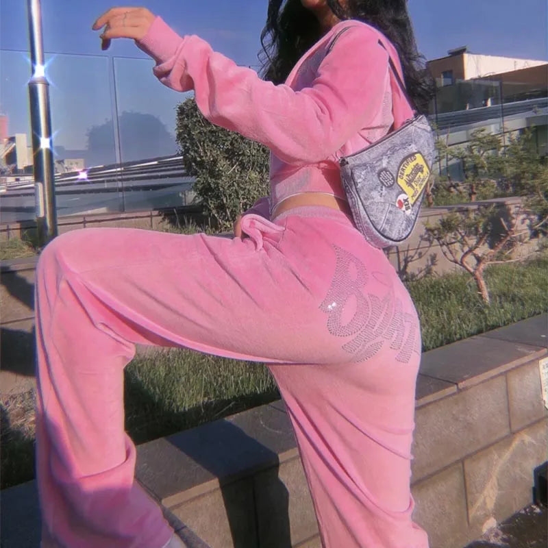 Vintage pink Zip-up Hoodie Women Velvet Tracksuit BRATZ letter print  Short hoodie casual Punk E-girl sweatshirt y2k aesthetic