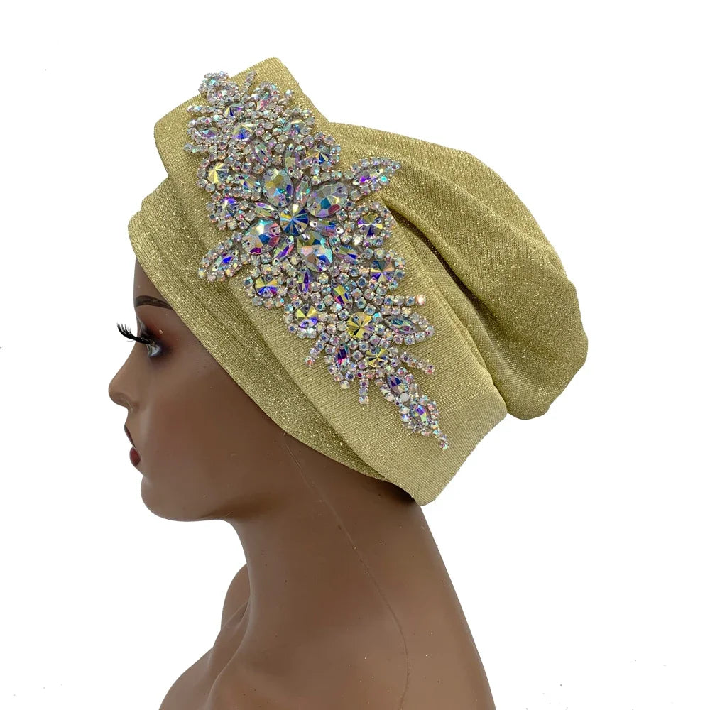 African Wrap Head Headgear Nigeria Auto Gele Headtie Turbante Mujer Luxury Rhinestone Turban Hat for Women Glitter