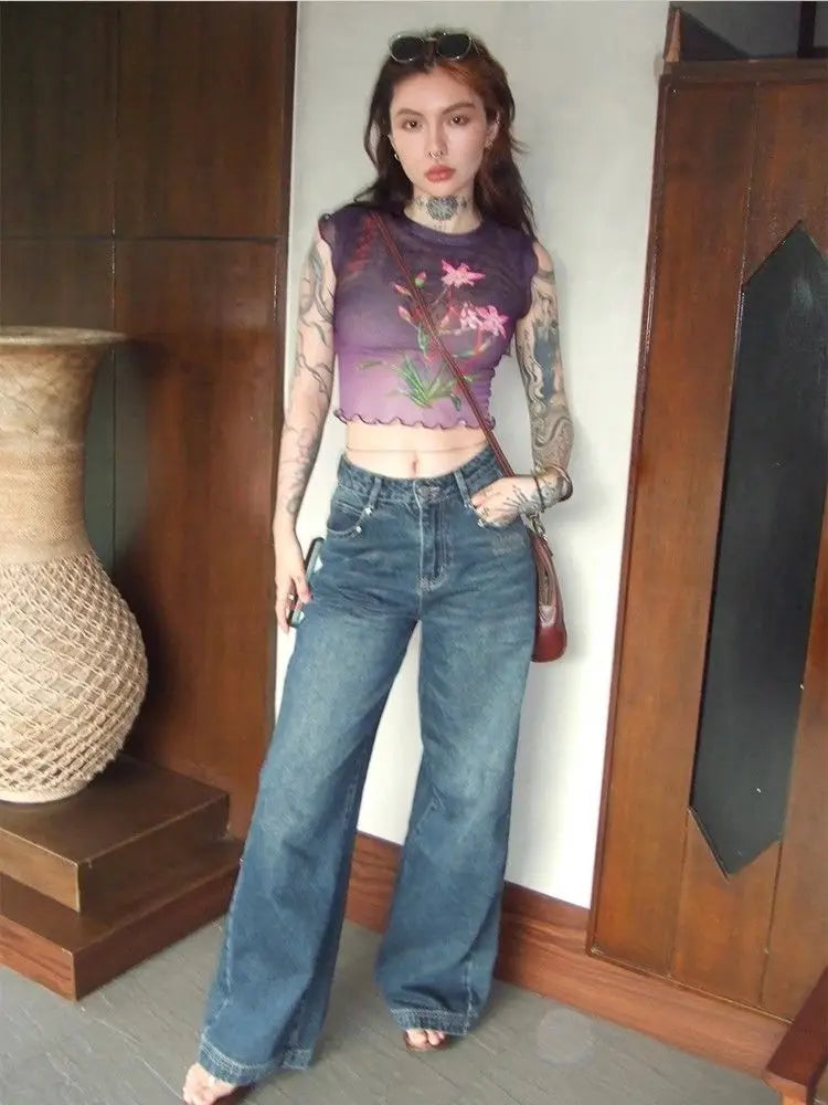 Yedinas Summer Crop Top Mesh Tops Short Sleeve Purple T Shirt Women Clothes Sheer See Through Gothic Floral Tees Y2k Chic Tshirt