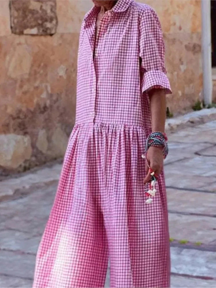 Women Plaid Jumpsuit Stylish Check Print Women's Jumpsuit With Long Sleeves Wide Legs Casual Loose Fit For Comfort For Easy Viralgem Store