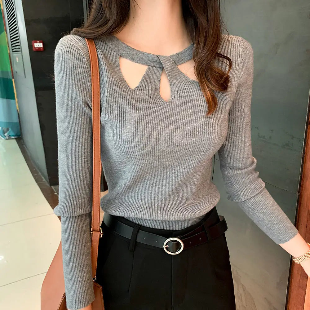 Women's O-neck Stretch Sexy Pullover Lady 2024 Autumn Winter Hollow Solid Color Sweater Slim Bottoming Shirt Jumper Sueter Viralgem Store
