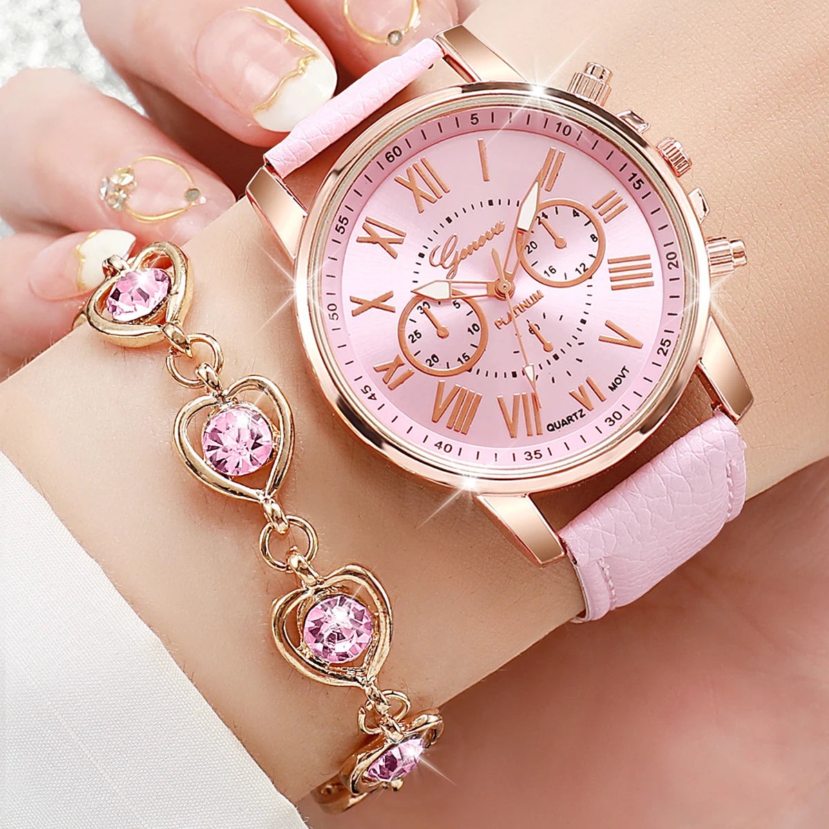 5/6PCS Fashion Women's Quartz Watch Leather Band Analog Wrist Watches Heart Rhinestone Jewelry Set(Without Box) Viralgem Store