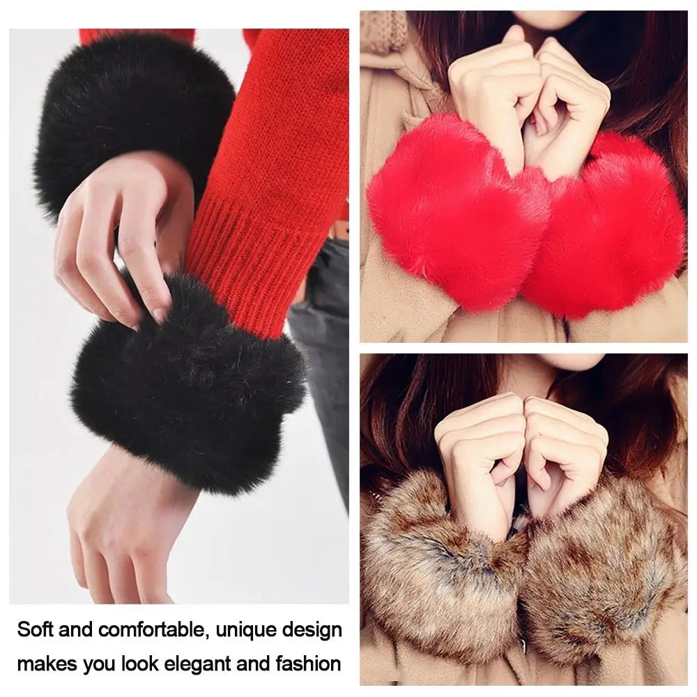 Women Fashion Winter Warm Faux Fur Elastic Wrist Slap On Cuffs Ladies Solid Color Arm Warmer Plush Wrist Protector Viralgem Store