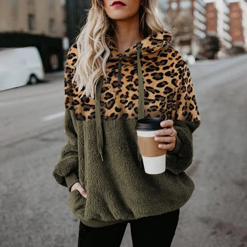 Women's Sweatshirt Autumn Winter American Style Leopard Montage Pocket Zipper Lint Thermal Hooded Sweatshirt