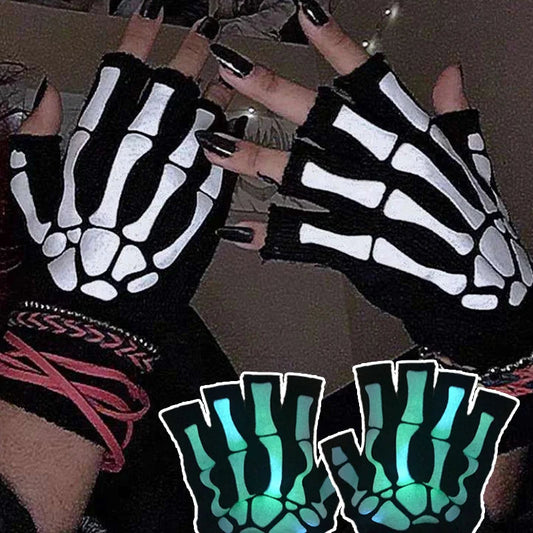 Unisex Halloween Skull Gloves Punk Luminous Glow in The Dark Skeleton Half Finger Glove Cosplay Non-slip Wrist Stretch Mittens Viralgem Store