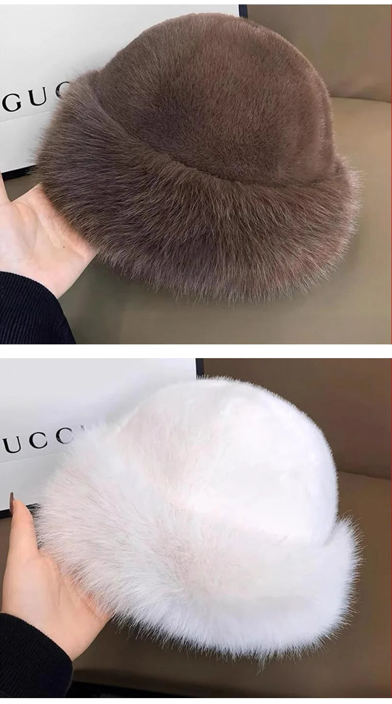 Winter Plush Fisherman Hat For Women Thick Fluffy Fur Ear Protection Cap Windproof Warm Headgear Fashion Female Panama Basin Cap