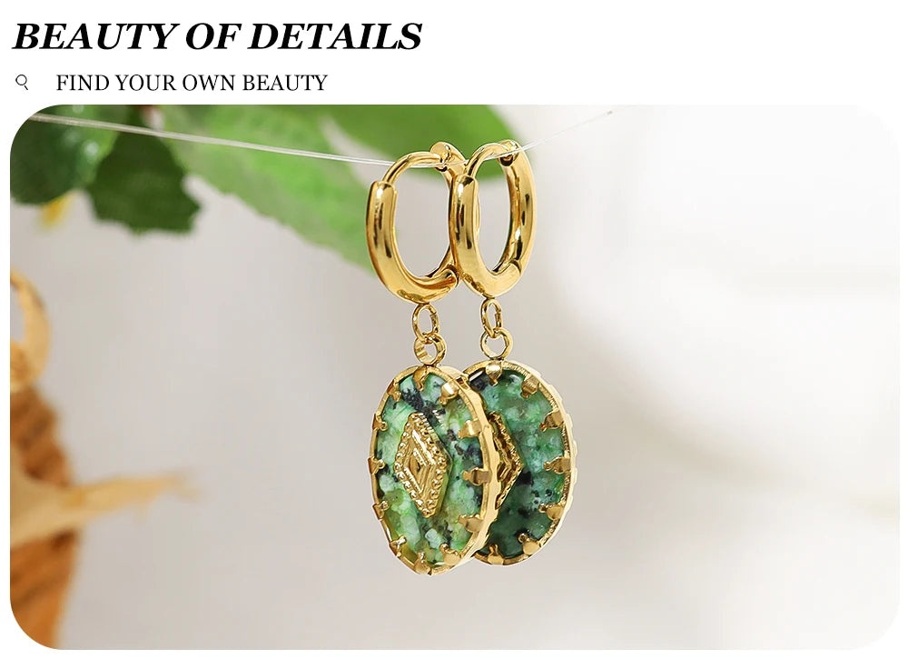 WILD & FREE 18K Gold Plated Natural Stone Stainless Steel Drop Earrings for Women Green African Turquoise Charm Vintage Jewelry