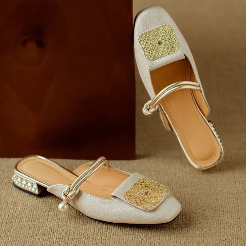 2024 Summer Elegant Sandals Women New Rhinestones Fashion Dress Half Slippers Baotou Women's Temperament Chinese Style Slippers