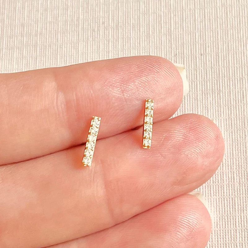 925 Sterling Silver Ear Needle Zirconia Minimalist Small Stud Earrings For Women Fashion Flat Bar Earrings Fine Jewelry Gifts