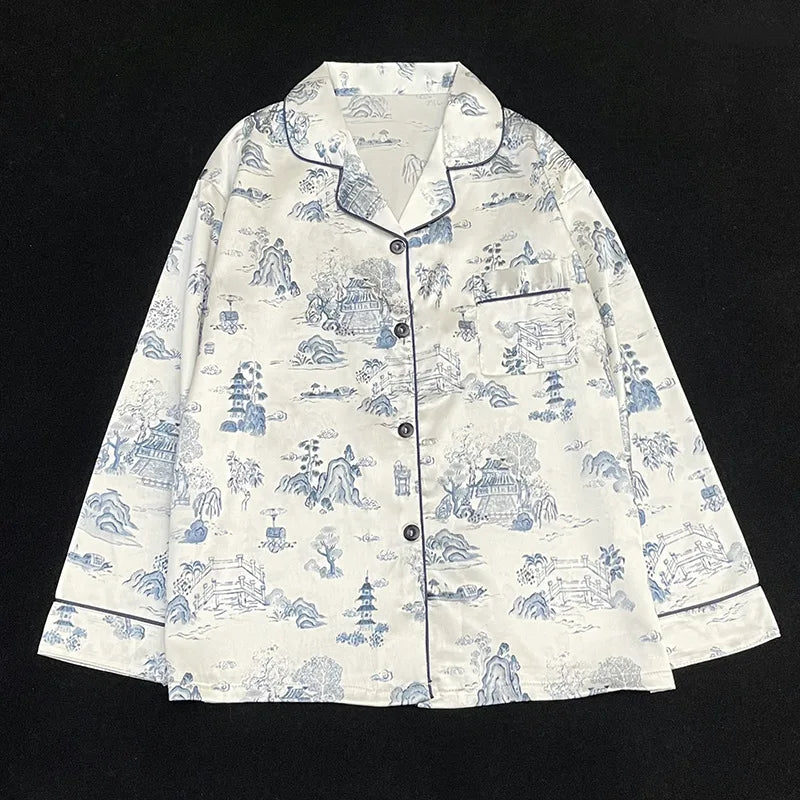 Women's Pajamas Sets Spring Autumn 2 Piece Paint Print Pyjama Faux Silk Satin Sleepwear Long Sleeve Pijama Mujer Pjs Homewear