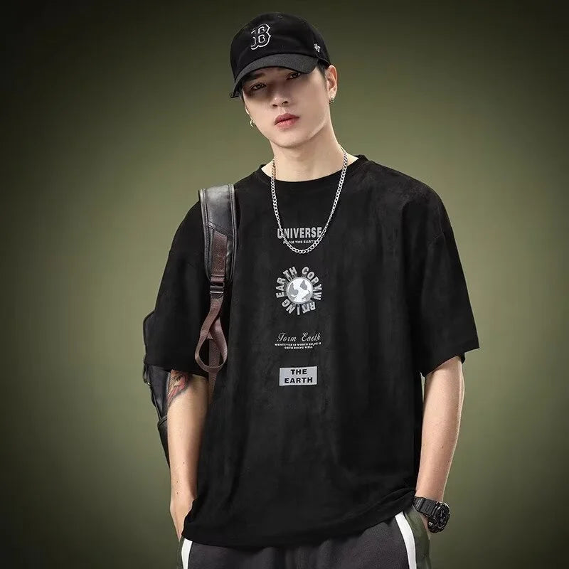 Summer Graphic Printed Suede Short Sleeve T-shirt For Men 2024 New Y2K Streetwear Oversized Tee Shirts Hip Hop O-Neck Tops