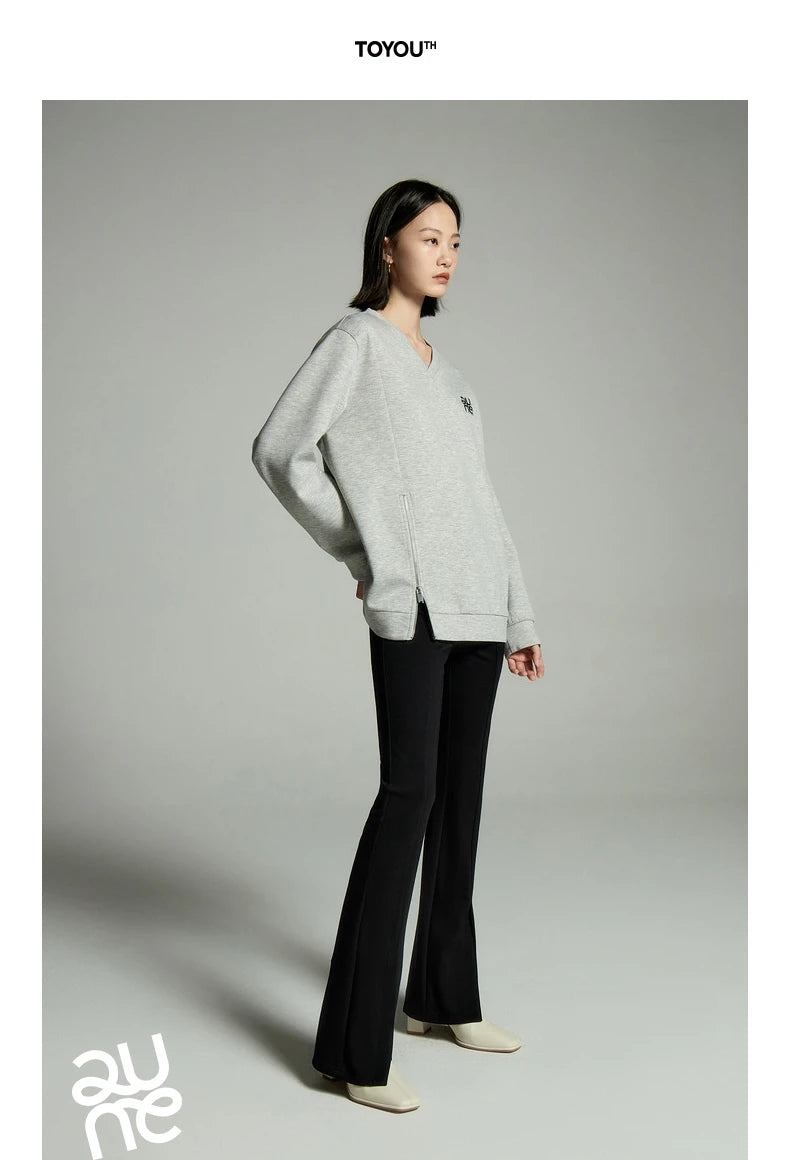 Toyouth Women Sweatshirts 2024 Autumn Long Sleeve V Neck Loose Hoodie Unique Zippered Split Hem Casual Chic Pullover Tops