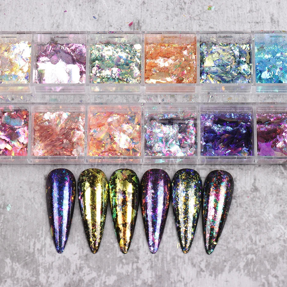 12 Grids Opal Dream Crystal Sequins Nail Flake Galaxy Iridescent Aurora 3D Paillette for Winter Autumn Manicure Decoration SWYFH Viralgem Store