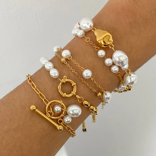 18K Gold Plated Bead Chain Irregular Shaped Glass Pearl Bracelet Chain Women Stainless Steel Rust Proof Anti Allergic Jewelry