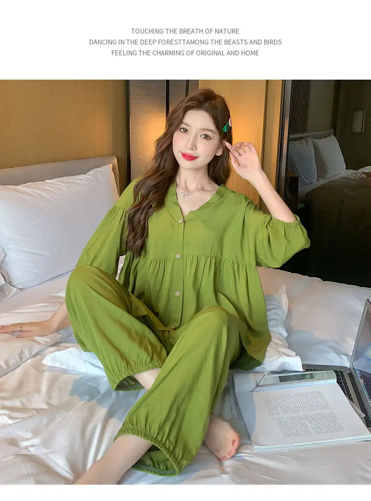 2023 New Cotton Silk Summer Pajamas Suit Plus Size Loose Ladies Home Clothes Two-piece Casual Style Thin