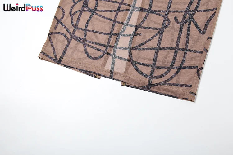 Weird Puss Stripe Print Sexy 2 Piece Set Women See Through Coquette Camisole+Long Skirts Midnight Clubwear Party Matching Suits Viralgem Store