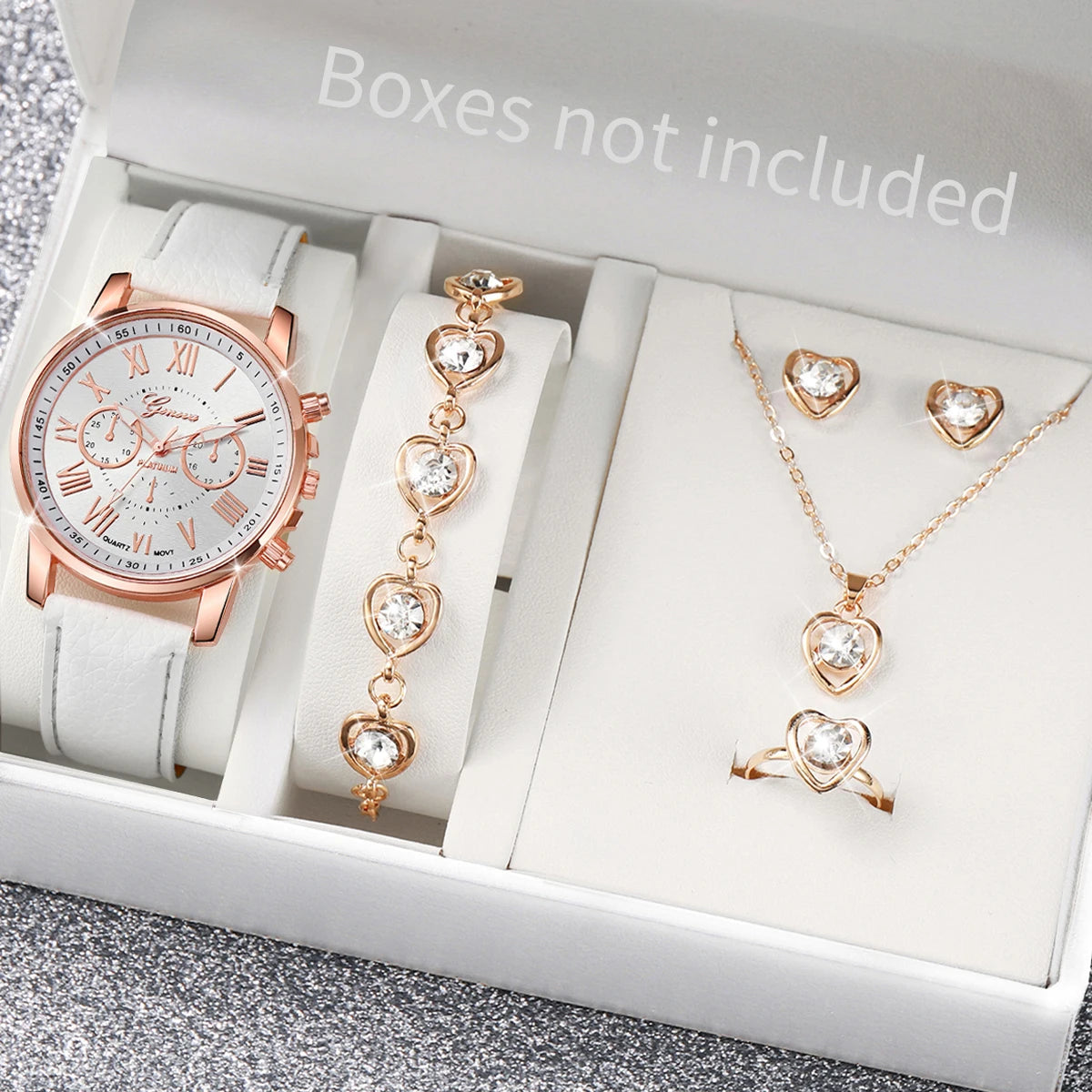 5/6PCS Fashion Women's Quartz Watch Leather Band Analog Wrist Watches Heart Rhinestone Jewelry Set(Without Box) Viralgem Store